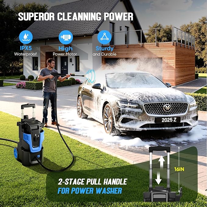 5000PSI Heavy Duty Pressure Washer, 3-Speed Adjustable Power Washer with 2-Stage Pull Rod, 4 Nozzles, Foam Cannon & 500ml Soap Bottle for Car, Home & Outdoor Cleaning,Blue