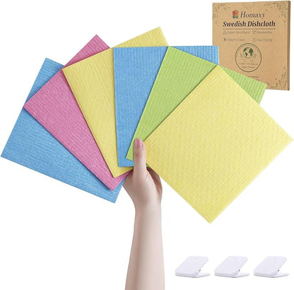 Homaxy Swedish Dishcloths for Kitchen, 6 Pack Reusable Paper Towels with Clips, Absorbent Cellulose Sponge Dish Cloths for Washing Dishes, Non-Scratch & Odor-Free Dish Rags, Multicolor Assorted