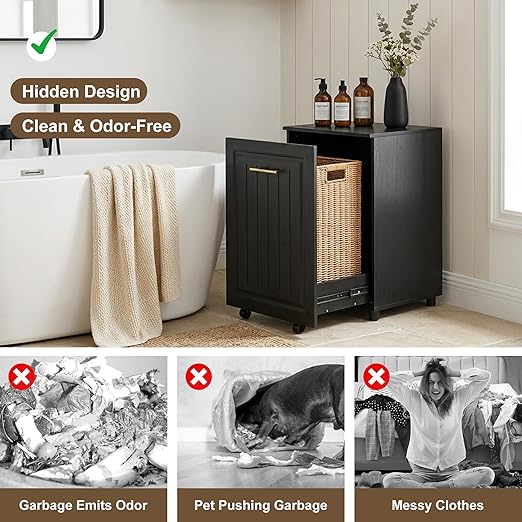 ZIFTY Pull Out Trash Can Cabinet for 10 Gallon Bin, Pet Proof Hidden Kitchen Waste Bin, Freestanding Wooden Garbage & Recycling Cabinet for Kitchen, Laundry Room, Living Room, Black