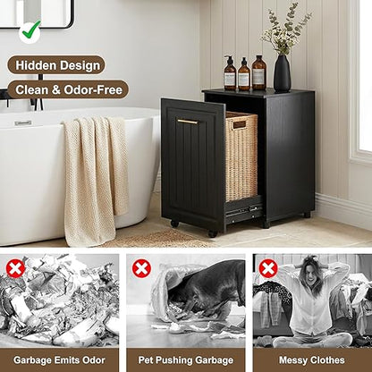 ZIFTY Pull Out Trash Can Cabinet for 10 Gallon Bin, Pet Proof Hidden Kitchen Waste Bin, Freestanding Wooden Garbage & Recycling Cabinet for Kitchen, Laundry Room, Living Room, Black