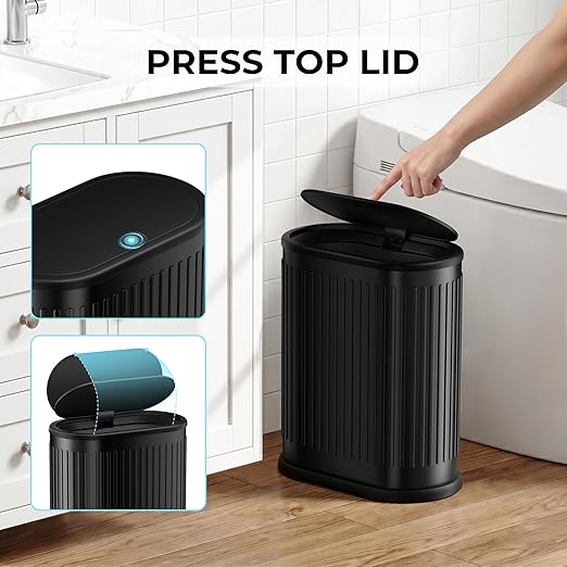 Small Black Bathroom Trash Can with Press Top Lid, 1.8 Gallon Stainless Steel Garbage Can with Removable Inner Bucket, Includes 60 Trash Bags for Home Bedroom