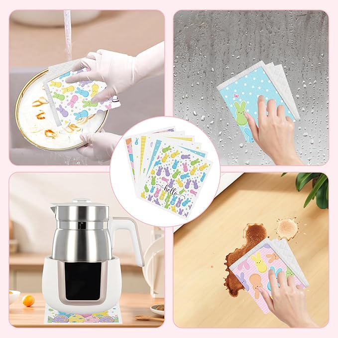 Easter Swedish Dishcloths for Kitchen, 6 Pack Colorful Bunny Rabbit Reusable Paper Towels, Non-Scratch Swedish Dish Cloths Super Absorbent Cellulose Sponge Cloths Spring Decorations