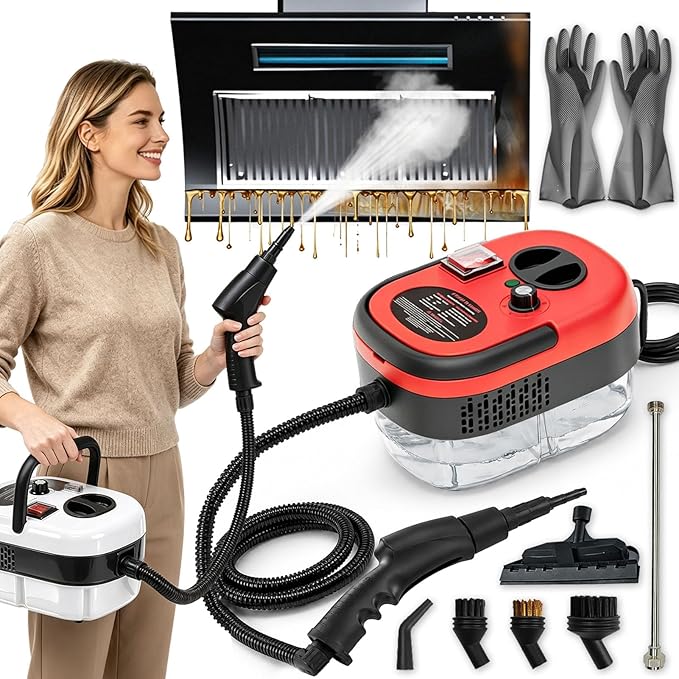 5-in-1 221°F Pressurized Handheld Steam Cleaner for Home, Car, Tile, Grout, Kitchen Cleaning, Glass, 2500w Handheld High-Temperature Pressurized Steam Cleaner with 6 Levels & 1.2L Tank (Red)