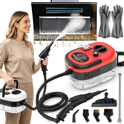 5-in-1 221°F Pressurized Handheld Steam Cleaner for Home, Car, Tile, Grout, Kitchen Cleaning, Glass, 2500w Handheld High-Temperature Pressurized Steam Cleaner with 6 Levels & 1.2L Tank (Red)