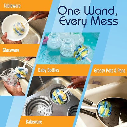 Compac Home Dish SpongeWand Plus Tri Surface Scrubbing Sponge with Cello Foam Scour Sponge Petals, Cleans Dishes, Glassware 360 Scrubber Pads for Tough to Clean Pots Pans, Multi-Color, (Pack of 6)