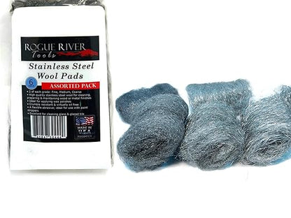 Stainless Steel Wool Pads, 6pc Assorted Pack (Fine, Medium, Coarse) - by Rogue River Tools. Made in USA! Oil Free, Won't Rust.