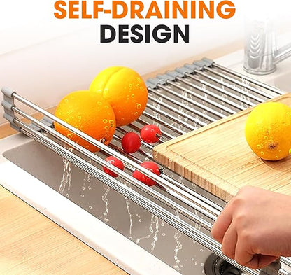 Cheer Collection Dish Drying Rack – Multipurpose Over The Sink Drying Rack Non-Slip Stainless Steel Rack – Heat Resistant and Dishwasher Safe