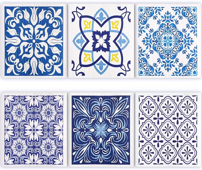 6 Pcs Swedish Kitchen Dish Cloths Kitchen Towels Reusable Sponge Cleaning Cloths Wipes Absorbent Dish Cloth Quick Drying Washable Decorative Tea Towels No Odor Bar Hand Towel (Blue Plaid)