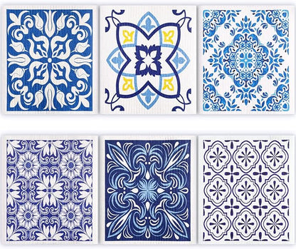 6 Pcs Swedish Kitchen Dish Cloths Kitchen Towels Reusable Sponge Cleaning Cloths Wipes Absorbent Dish Cloth Quick Drying Washable Decorative Tea Towels No Odor Bar Hand Towel (Blue Plaid)