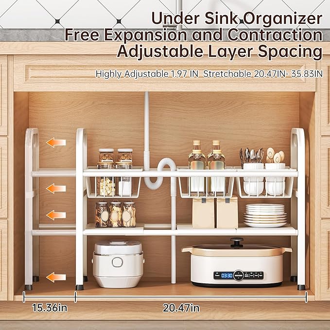Under Sink Organizer Bathroom 2 Tier,Expandable and Height Adjustable Under Kitchen Sink Organize with Cupboard Shelf,for Kitchen, Bathroom,Laundry Pantry Cabinet,Apartment,White