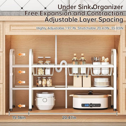 Under Sink Organizer Bathroom 2 Tier,Expandable and Height Adjustable Under Kitchen Sink Organize with Cupboard Shelf,for Kitchen, Bathroom,Laundry Pantry Cabinet,Apartment,White
