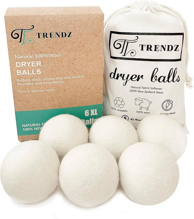 Wool Dryer Balls, 100% New Zealand Wool, Natural Fabric Softener, Reusable, XL, 6 Pack