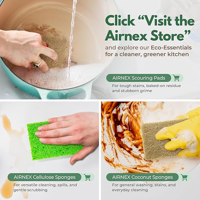 AIRNEX Plant-Based Scouring Pads for Dishes - Coconut Husk Non Scratch Scrub Pads - Natural Kitchen Scrubbing Pads for Pots & Pans - Eco Friendly & Non Abrasive Dish Scrubber Pads - Pack of 12