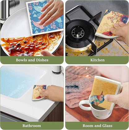 6Pcs Swedish Dishcloths for Kitchen, Quick-Drying Reusable Paper Towels, Absorbent Washable Kitchen Dish Rags, Soft Cellulose Sponge Cloths for Countertop Sink Flower Bird (6pcs Birds)