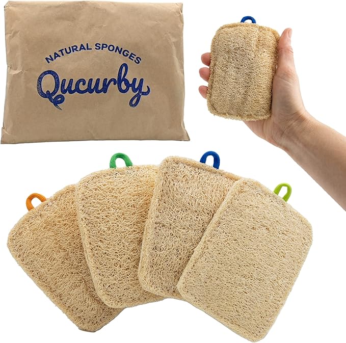 All Natural Loofah Kitchen Sponge (4 Pack) - Eco Friendly Sponges - Compostable Sponge - Biodegradable Sponges Kitchen - Natural Sponges for Dishes