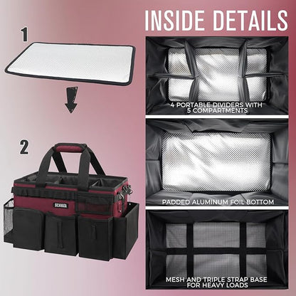 SCAVATA Wearable Cleaning Caddy Bag, Cleaning Caddy Supplies Organizer with Handle & Shoulder Straps for Housekeepers, Under Sink & Car Cleaning Tool Organizers with 4 Foldable Divider (Magenta)