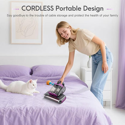 AMTPM 17KPa Cordless Mattress Vacuum Cleaner with UV Care & 40,000RPM Beating - 520ml Dustbin, USB Rechargeable for Bed, Pet Hair