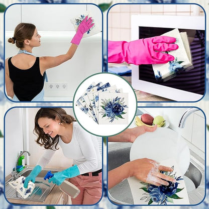 Sunnyray 12 Pcs Swedish Kitchen Dish Towels Dishcloth Reusable Sponge Cleaning Cloth Kitchen Towels Absorbent Washable Dish Cloth Drying Hand Towel(Blue, Watercolor Flower)