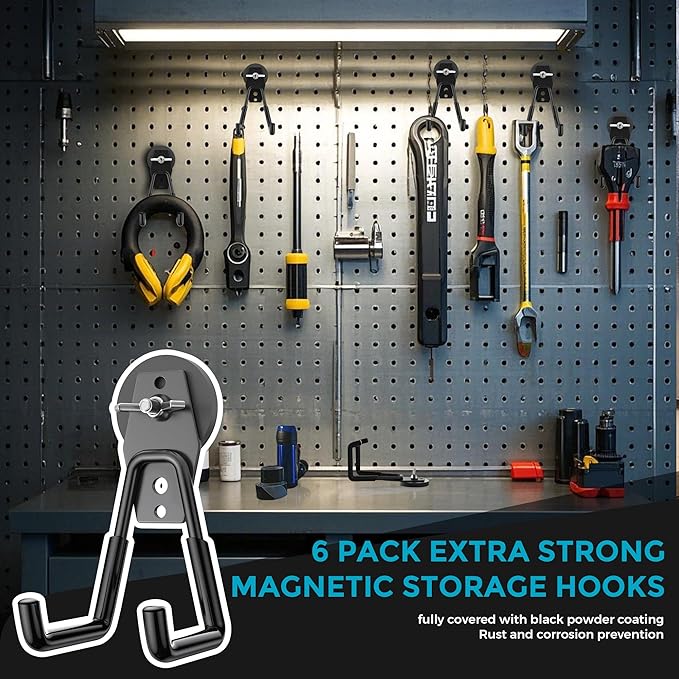 6 Pcs Large Strong Magnetic Hooks Heavy Duty Garage Big Magnet Hooks Extra Strength Magnetic Utility Storage Hook Hanger with Anti Slip Coating for Garden Indoor Outdoor Hanging Tools Black