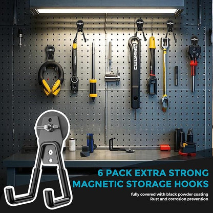 6 Pcs Large Strong Magnetic Hooks Heavy Duty Garage Big Magnet Hooks Extra Strength Magnetic Utility Storage Hook Hanger with Anti Slip Coating for Garden Indoor Outdoor Hanging Tools Black
