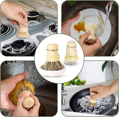 DEBETOOL Bamboo Dish Brush Set with Holder - Natural Dish Scrub Brush for Cleaning Dishes, Fast Dry Design Kitchen Dish Brush for Sinks & Pots