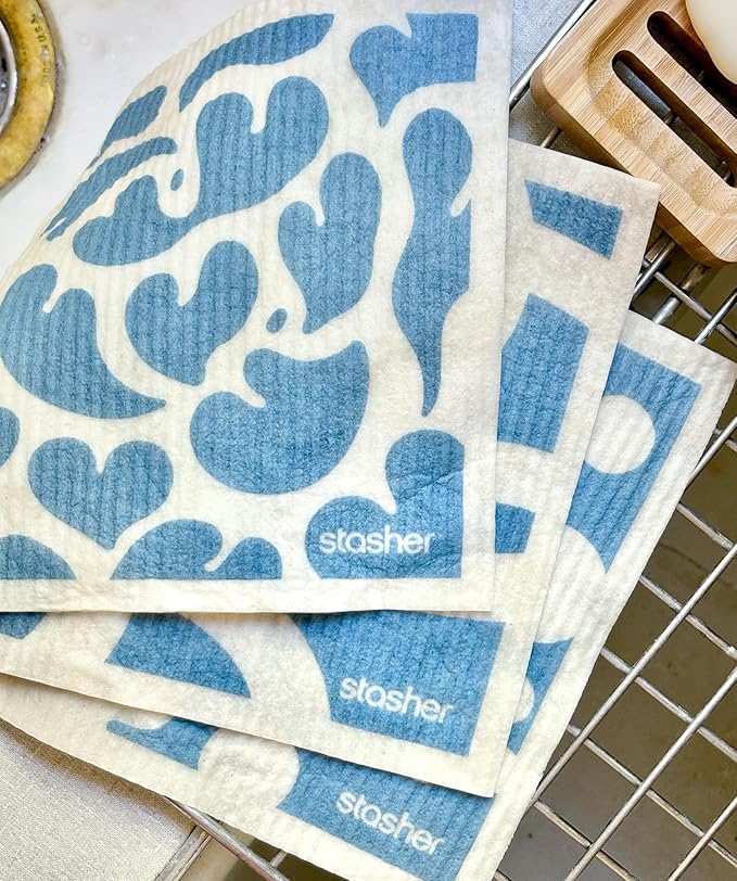 Stasher Swedish Dishcloths for Kitchen, 3-Pack Reusable Dish Cloths, Super Absorbent, Soft, Washable, Biodegradable, Paper Towel Alternative, Quick Drying, Dishwasher Safe, Geometric Print, 7" x 8"