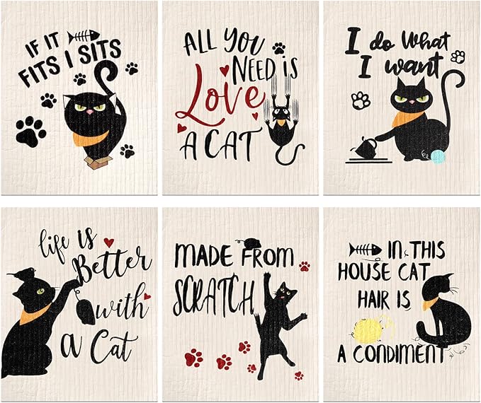 Hoolerry 6 Pcs Funny Black Cat Swedish Kitchen Dishcloths, Reusable Sponge Swedish Cleaning Cloths Washable Dish Cloths Absorbent Christmas Decorative Kitchen Towels Housewarming Gift for Bathroom
