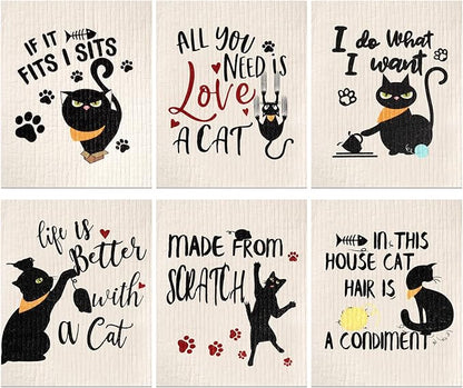 Hoolerry 6 Pcs Funny Black Cat Swedish Kitchen Dishcloths, Reusable Sponge Swedish Cleaning Cloths Washable Dish Cloths Absorbent Christmas Decorative Kitchen Towels Housewarming Gift for Bathroom