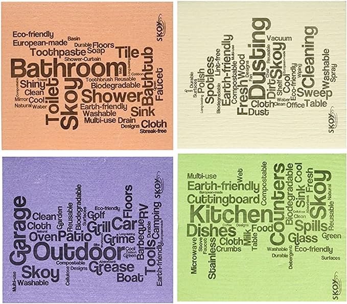 Skoy Cloth, 4-Pack Versatile Swedish Dishcloths for Kitchen and Household Use, Reusable Cleaning Cloths, Planet-Friendly, Dishwasher and Dryer-Safe, Assorted Colors