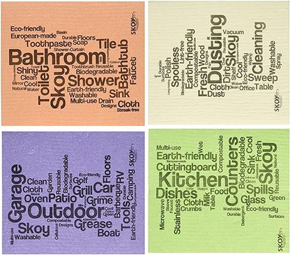 Skoy Cloth, 4-Pack Versatile Swedish Dishcloths for Kitchen and Household Use, Reusable Cleaning Cloths, Planet-Friendly, Dishwasher and Dryer-Safe, Assorted Colors