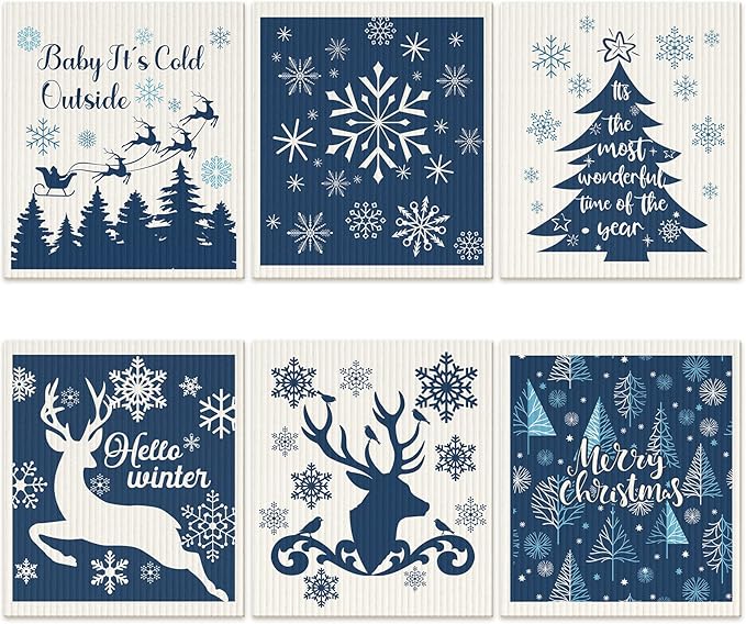 Cunhill 6 Pcs Swedish Kitchen Dish Cloths Kitchen Towels Reusable Sponge Cleaning Cloths Wipes Absorbent Dish Cloth Quick Drying Washable Decorative Tea Towels No Odor Bar Hand Towel (Blue Christmas)