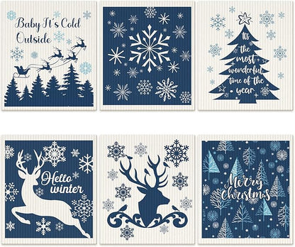 Cunhill 6 Pcs Swedish Kitchen Dish Cloths Kitchen Towels Reusable Sponge Cleaning Cloths Wipes Absorbent Dish Cloth Quick Drying Washable Decorative Tea Towels No Odor Bar Hand Towel (Blue Christmas)