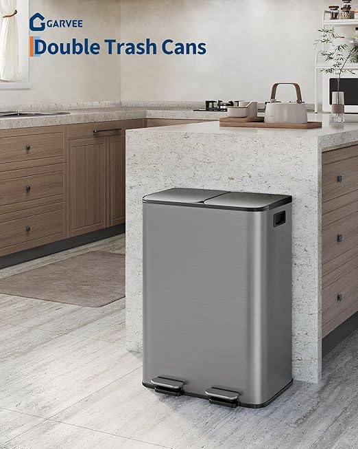 OUTLANE 2 X 8 Gal Stainless Steel Double Trash Can with Lid, Dual Compartment Step-on Kitchen Garbage & Recycle Bin, Metal Waste Bin with Removable PP Buckets, Liner Rim, Matte Grey