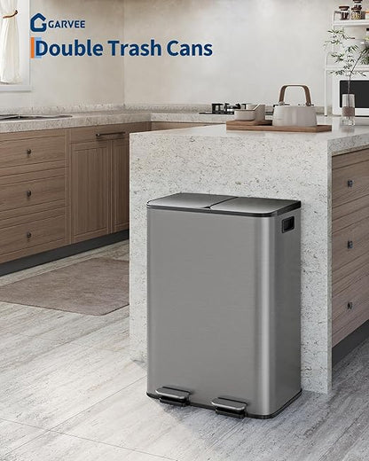 OUTLANE 2 X 8 Gal Stainless Steel Double Trash Can with Lid, Dual Compartment Step-on Kitchen Garbage & Recycle Bin, Metal Waste Bin with Removable PP Buckets, Liner Rim, Matte Grey
