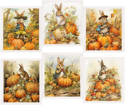 Fall Pumpkin Swedish Dishcloths for Kitchen 6 Pack Bunny Autumn Cellulose Sponge Cloths Non Scratch Reusable Paper Towels No Odor, Biodegradable and Reusable Kitchen Dish Rags