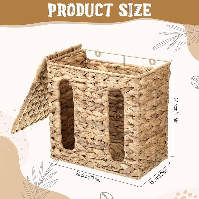 Garbage Bag Dispenser with Lid Plastic Trash Bag Holder Under Sink Storage Organizers Wall Mount Water Hyacinth Grocery Bags Holder for Kitchen, Cabinet, Countertop