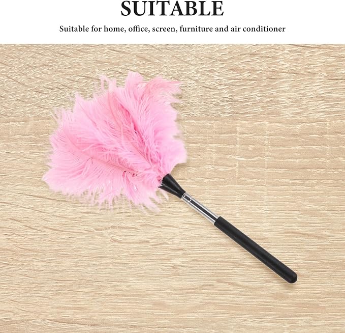 Hand Duster with Extendable Pole - Ostrich Plume Detail Brush Electrostatic Screen Cleaning Tool for Office Car Laptop Screen Keyboard TV (Pink)