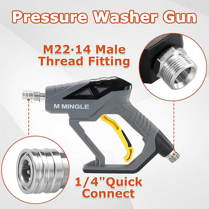 M MINGLE Pressure Washer Gun with Mini Foam Cannon, Dual Connector Accessory, Undiluted Foam Blaster with 5 Nozzle Tips, 1/4" Quick Connect for Car Wash, Patio, Deck Cleaning