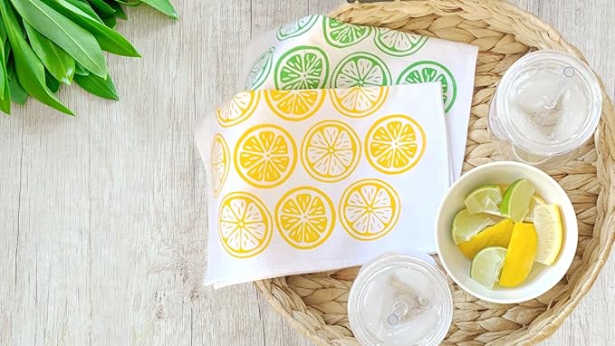 HANDECLOTH Hand Printed Reusable Paper Towels/Lint-Free/Cotton/American Made/Absorbent/Durable/Quality Edges/No Pilling/Machine Washable/Guest Towel (Lemons, 12 Pack)