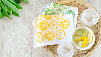 HANDECLOTH Hand Printed Reusable Paper Towels/Lint-Free/Cotton/American Made/Absorbent/Durable/Quality Edges/No Pilling/Machine Washable/Guest Towel (Lemons, 12 Pack)