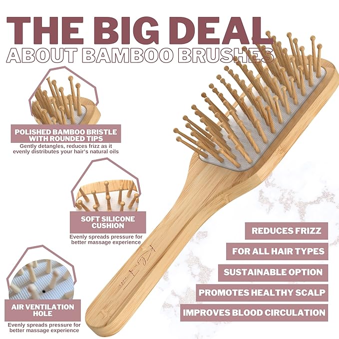 heatless curler companion set - 3pc set w/bamboo brush, rat tail combs & hair mister spray bottle | Natural Bamboo hair brush & Wooden Comb w/fine mist spray bottles (Black Silver)