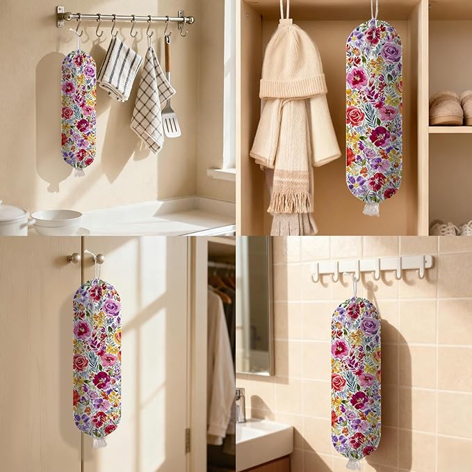 Plastic Bag Holder Dispenser, Plastic Grocery Bag Organizer & Wall Mount Paper Trash Bags Saver Storage for Kitchen Home Pantry Decor, Colorful Floral Kitchen Decor Shopping Bags Storage Dispenser