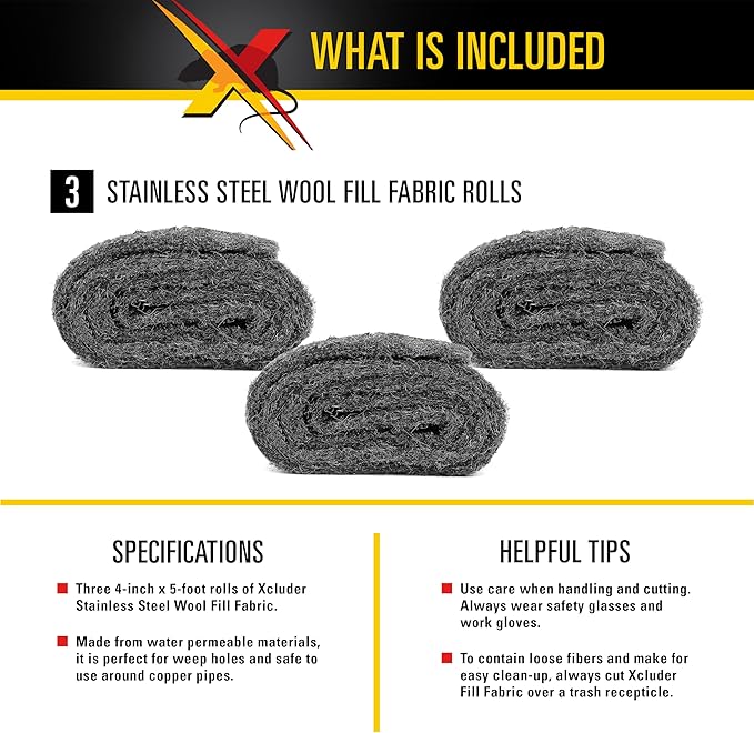 Xcluder Rodent Control Fill Fabric; Black 3 Rolls of Stainless Steel Wool Blend Prevent Rats and Mice from Entering Homes & Commercial Properties