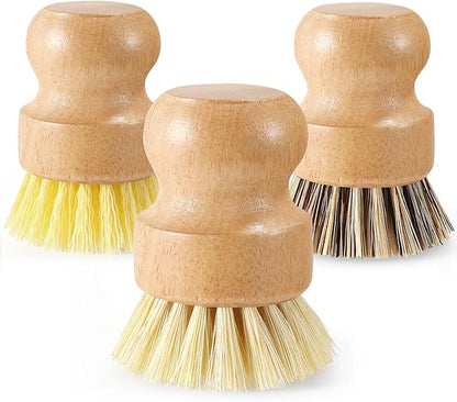Wooden Dish Brush with Metal Stand Handheld Bamboo Wok Brush Scrubber for Dishes Pans Pots Fruit and Veggie Washing(3,Beige Brown Yellow)