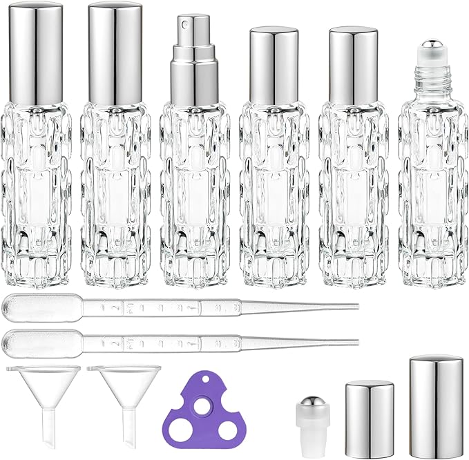 6 Pack Glass Bottles, 3×10ml Roller Bottles & 3×10ml Fine Mist Spray Bottles, Refillable Travel Containers for Essential Oils, Perfume, Liquids (Silver Caps)