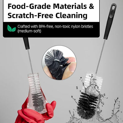 2 Pcs Bottle Brushes Set, Long Thin Flexible Bendable Flexible Cleaner for Narrow Neck Bottles, Water/Wine/Beer/Baby Bottles, Pipes, Tubes, Hoses, Teapots - Bendable & Dishwasher Safe