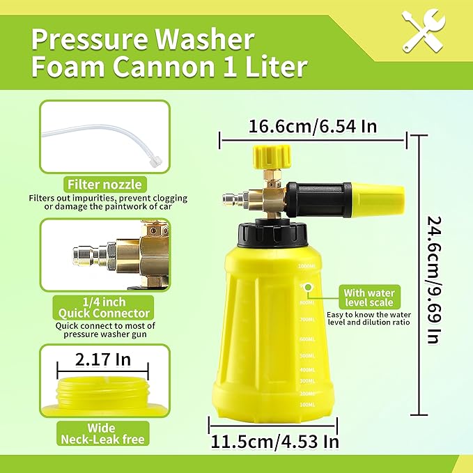 FIXFANS Foam Cannon, Wide Neck Snow Foam Lance with Replacement Adapter for Portland Husky and Ryobi Pressure Washer, Heavy Duty Power Washer Foam Blaster with 1/4 Inch Quick Connector, 5 Nozzles, 1L