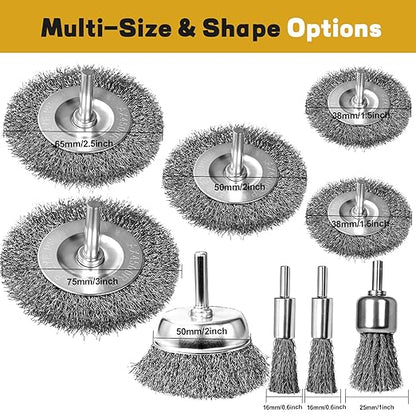 9 Pcs Wire Brush for Drill Set,Steel Wool Wire Wheel Drill Attachment for Metal Rust Removal, Corrosion and Scrub Surfaces with 1/4-Inch Round Shank