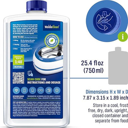 WoldoClean Ultrasonic Cleaner Solution Concentrate - 25.4 Fl Oz Makes 8 Gallons for Eyeglass, Sunglasses, Retainer, Denture, Aligner, Razor and Gun Parts
