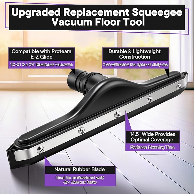 Replacement Floor Tool Compatible with ProTeam 101446 E-Z Glide Backpack Vacuum,Compatible with Hoover C2401, 14" Multi-Surface Brush for Commercial Cleaner(Natural Rubber Squeegee,Black)